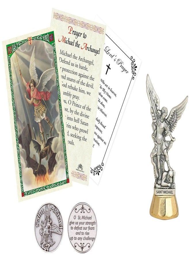 Trendzeen 3 Inch Saint Michael Archangel Statue - Laminated Holy Card, Pocket Token, The Lord's Prayer - Small Saint Michael Statue - San Miguel Arcangel Set - 4 Items - Image 1